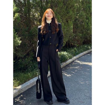 秋季韓劇女主穿搭套裝黑色小香風外套闊腿褲高級感小洋裝兩件套女