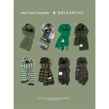 GOLDARTIST綠色圍巾女冬季高級感千鳥格圍脖保暖韓版百搭格子披肩