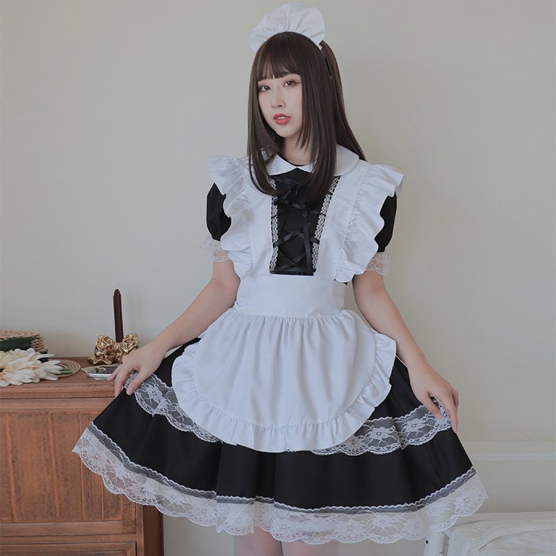 メイド服 ワンピース エプロン 3点セット 半袖 豪華セット 白黒 メイド 定番 萌え コスプレ ロリータ 衣装 仮装 女装 カチューシャ フリル  通販 LINEポイント最大0.5%GET | LINEショッピング