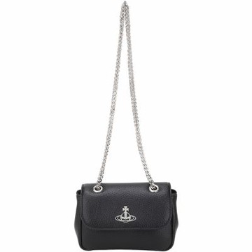 Vivienne Westwood 星球標誌荔紋皮革翻蓋斜背/鍊帶包(黑色)