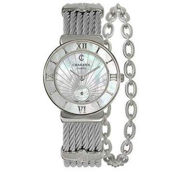 CHARRIOL夏利豪 ST-TROPEZ 太陽紋珍珠貝鎖鍊錶(ST30SI 560 008)x銀x30mm