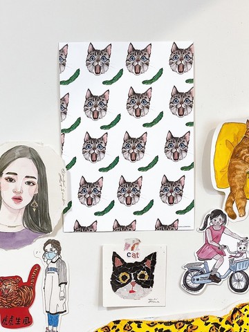 驚嚇小黃瓜/搞笑貓貓小海報/A4/水彩手繪