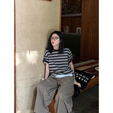美式日系松弛感撞色條紋T恤女獨特超好看通勤百搭顯瘦夏季上衣