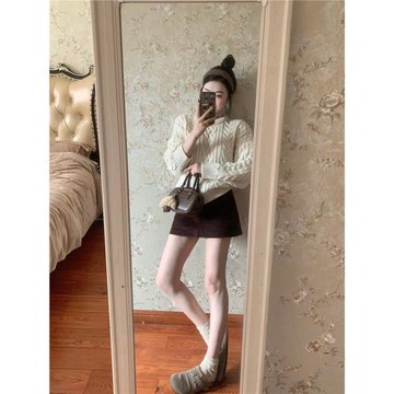 kumikumi溫柔風簡約米白色粗麻花圓領毛衣女冬季百搭氣質休閑上衣