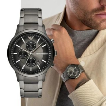 【EMPORIO ARMANI】騎士風 三眼全黑鋼帶 男錶 AR11531