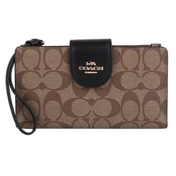 COACH 金馬車防刮logo皮革釦式掛帶手機中夾/卡其X黑