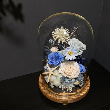 水藍色小夜燈 永生花 玻璃盅(大)