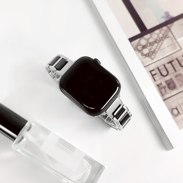 Apple Watch 全系列通用錶帶 蘋果手錶替用錶帶 蝴蝶扣 陶瓷不鏽鋼錶帶 黑陶瓷x銀鋼框 ＃836-53-SRBK