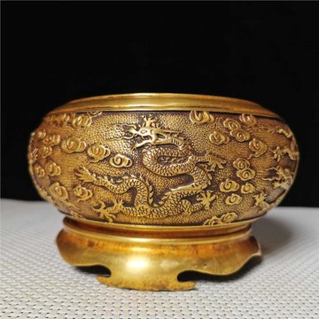 老件紫銅全鎏金高11*19公分重3.4公斤五龍祥瑞套金香爐擺件