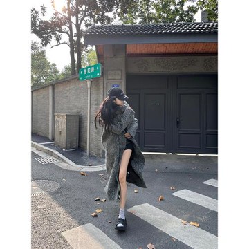 Matin Gris灰色毛呢外套女冬寬松長款羊毛呢大衣