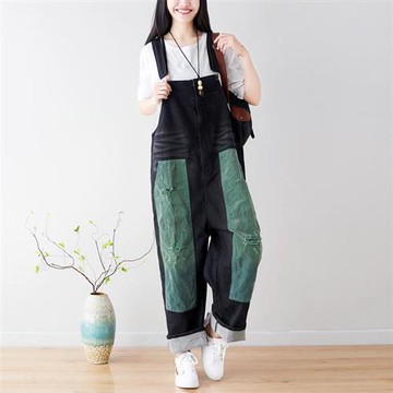 【巴黎精品】復古牛仔吊帶褲-撞色貼布牛仔褲做舊破洞燈芯絨女褲子3色a1ir4