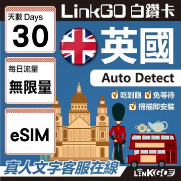 【LINKGO】白鑽卡 英國 eSIM卡 30天上網卡 無限流量吃到飽 高速流量(英國網卡 倫敦 愛丁堡 布里斯托)