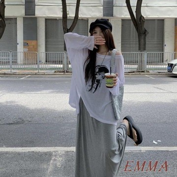 大碼時尚套裝 微透印花T恤 女裝 早春灰色修身掛脖連衣裙 兩件套 寬鬆套裝 顯瘦套裝 韓版兩件套 oversize 套裝