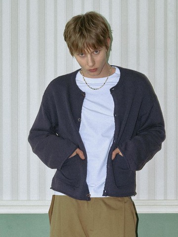 Rope-Type Crewneck Crop Cardigan [NAVY]