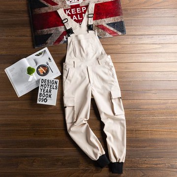 國潮束腳工裝褲男春秋彈力連體休閑學生背帶褲男女減齡吊帶米白色