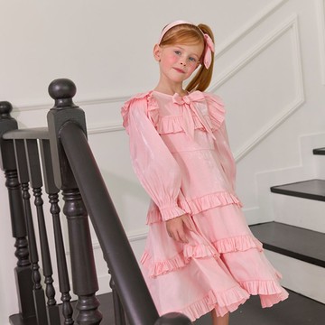 糖果蝴蝶結荷葉邊洋裝-純粉紅色