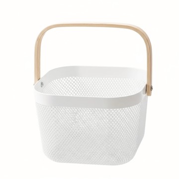 小麥購物 木質手提鐵藝收納籃 L2247  木色 + 白色  1個  25 x 24 x 18cm