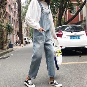 GOFO 吊帶褲 韓系穿搭 顯瘦 小清新 牛仔背帶褲 牛仔吊帶褲 學生褲 七分褲 搭分褲 女生褲子 牛仔褲 秋季 秋天