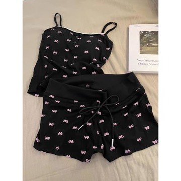 純欲性感蝴蝶印花吊帶睡衣女春季新款帶胸墊背心短褲家居服套裝夏