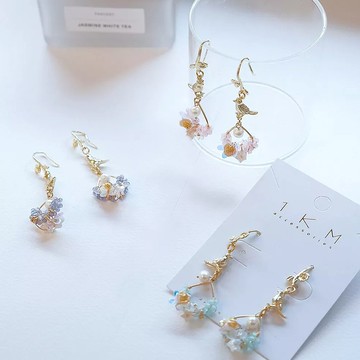 1KM日光餘韻•天然石綠蔭花鳥耳勾-3色