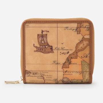 【Alviero Martini 義大利地圖包】經典地圖 5卡零錢袋拉鍊迷你短夾11cm-地圖黃