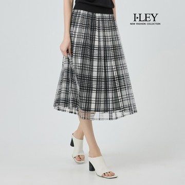 ILEY伊蕾 復古格紋網紗中長裙(黑；M-XL)