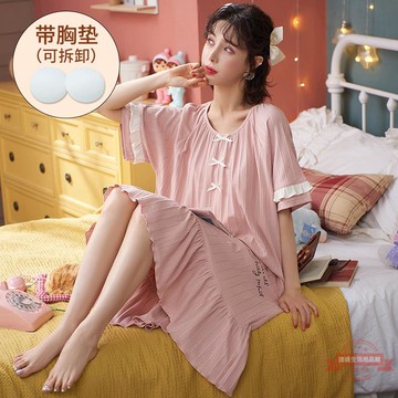 帶胸墊夏季睡裙女甜美可愛卡通可外穿純色睡衣家居服連衣裙子睡衣