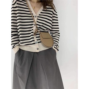 羊毛針織開衫女V領寬松毛衣韓版復古條紋外套秋季新款薄外搭上衣