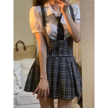 【冰淇淋與鯨】jk黑白馬甲百褶裙兩件套學院風半身裙甜辣套裝女夏