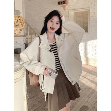 米白色休閑短外套女春秋2025新款獨特超好看韓系chic減齡立領夾克