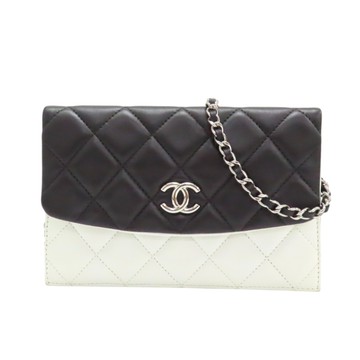 【二手名牌BRAND OFF】CHANEL 香奈兒 黑/白色 菱格紋羊皮 鍊帶肩背包 無卡