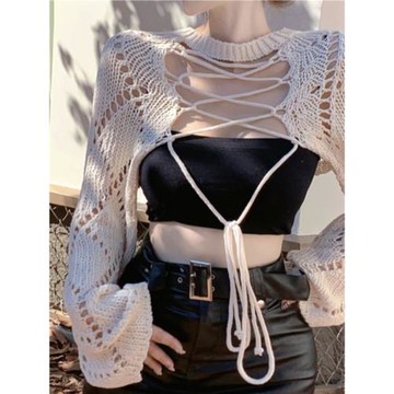 早秋純欲風性感鏤空外搭針織罩衫小開衫女溫柔風短款抹胸無袖上衣