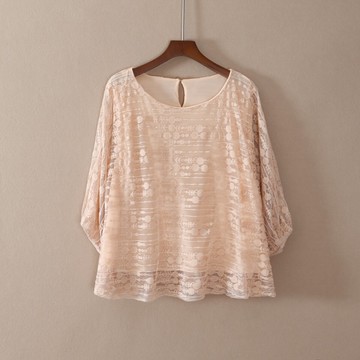 夏款女裝寬松套頭七分袖圓領蕾絲衫上衣服顯瘦氣質