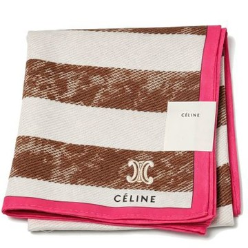 CELINE 棕白條紋凱旋刺繡印花圖騰LOGO帕領巾(52CM)
