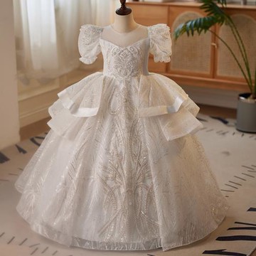 花童婚禮小女孩晚禮服公主裙高端輕奢兒童婚紗白色女童鋼琴演出服