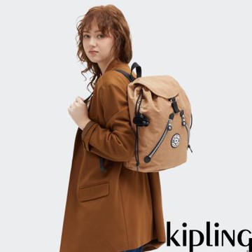 Kipling 淺棕色雙拉鍊實用後背包-NEW FUNDAMENTAL L