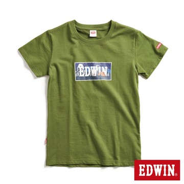 EDWIN 女裝 露營系列 富士山腳營地LOGO印花短袖T恤-橄欖綠