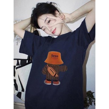 藍色短袖t恤女2025新款夏季潮牌大碼寬松遮肚子上衣中長款純棉體