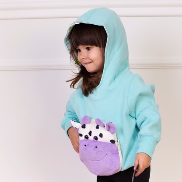 【聖誕新年禮物】連帽套頭衫乳牛臉CVC棉桃皮絨湖綠色風帽衛衣