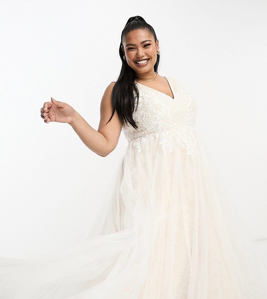 ASOS DESIGN Curve Sienna bead and embroidered plunge bodice wedding dress with lace underlay in ivory - IVORY-White