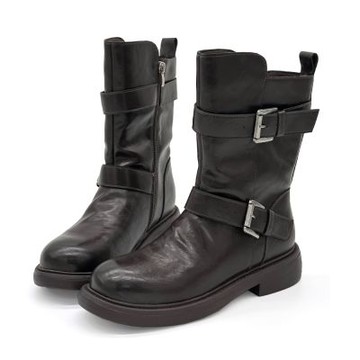 Robinlo 緞影真皮復古英倫雙扣中筒靴騎士靴 MAXWELL 復古深棕