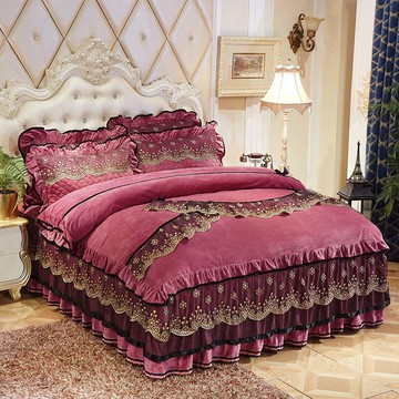 歐式水晶絨床裙四件套夾棉加厚蕾絲床罩多件套花邊被套床套枕套2m