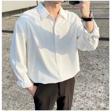 秋季新款男士衬衣  净色百搭休闲长袖衬衫潮流纯色青少年夏季潮  轻易透气大码衬衫男 宽松百搭长袖衬衫