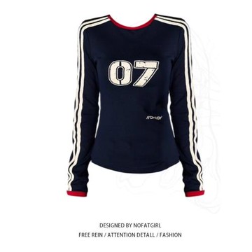 大碼胖妹妹美式復古辣妹修身顯瘦長袖t恤女早秋運動緊身正肩上衣