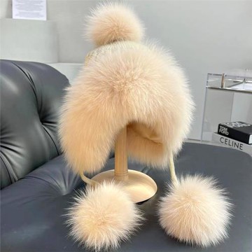 韓國真狐貍毛護耳帽雷鋒帽可愛毛球御寒騎車帽保暖加絨針織毛線帽