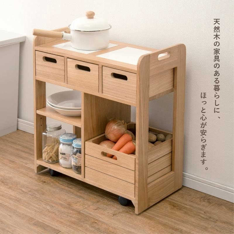 キッチンワゴン【幅20cm】 キャスター付き 木製 作業台 タイル