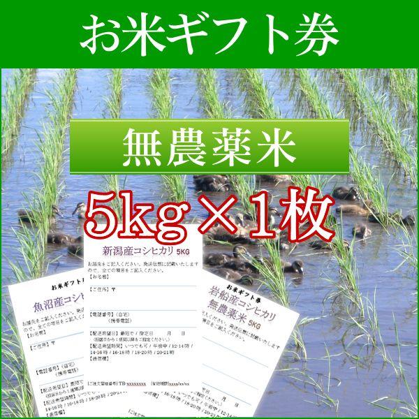 お米ギフト券 農薬無使用米コシヒカリ 5kg×1枚／お米 米 ギフト 新潟米 お米券 目録 引換券 景品 二次会 ゴルフ 内祝い お祝い お返し 香典返し 熨斗 名入れ