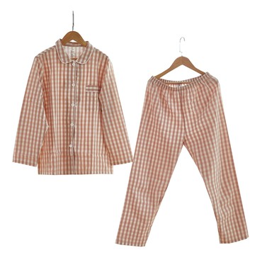 免運 全棉睡衣家居服 無印長袖女睡衣日式良品格子情侶長褲家居服套裝
