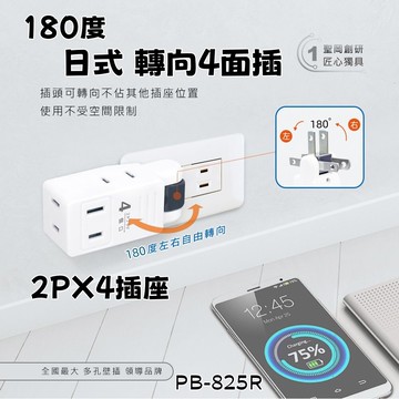 聖岡科技180度 日式轉向4面插 180度左右自由旋轉 四面插座 延長線擴充插座 1插轉2孔4座