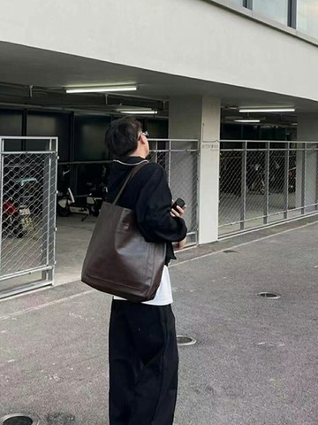 YUEN軟皮手提單肩復古油臘皮大容量托特包男女小眾高級感商務通勤